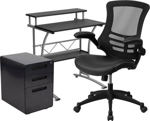 Work From Home Kit - Black Computer Desk, Ergonomic Mesh/Leather Soft Office Chair and Locking Mobile Filing Cabinet