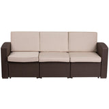 Chocolate Brown Faux Rattan Sofa with All-Weather Beige Cushions by Flash Furniture