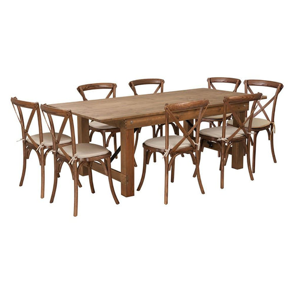 Flash Furniture Hercules Series 7' X 40'' Antique Rustic Folding Farm Table Set With 8 Cross Back Chairs