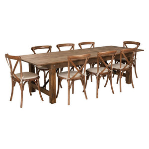 Flash Furniture Hercules Series 9' X 40" Antique Rustic Folding Farm Table Set With 8 Cross Back Chairs